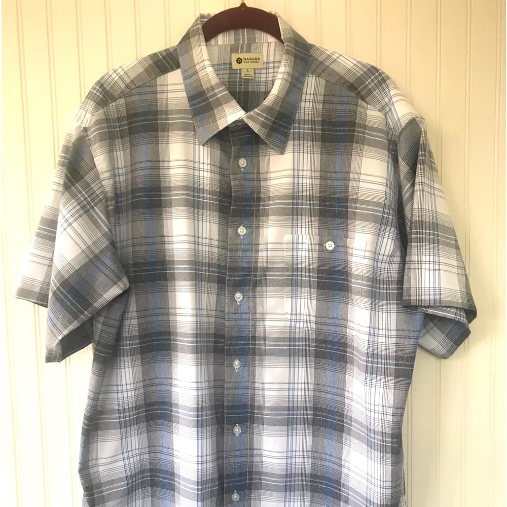 HAGGAR Mens Short Sleeve Shirt, Large Gray/Stripes.